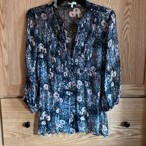 Joie blue and pink floral button down blouse 100% silk